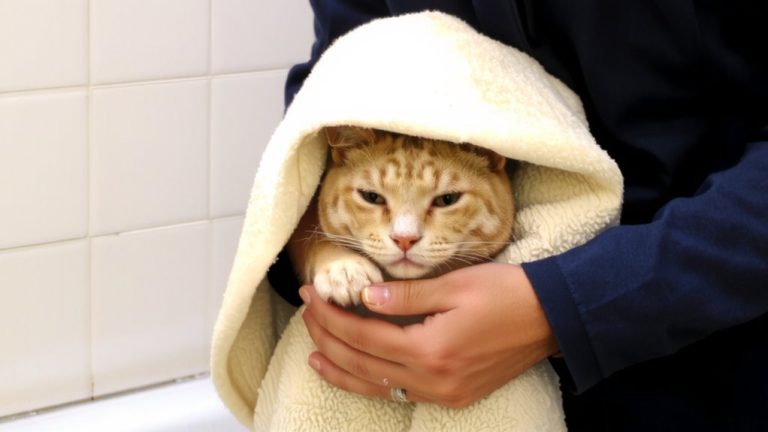 towel wrap cat bathing